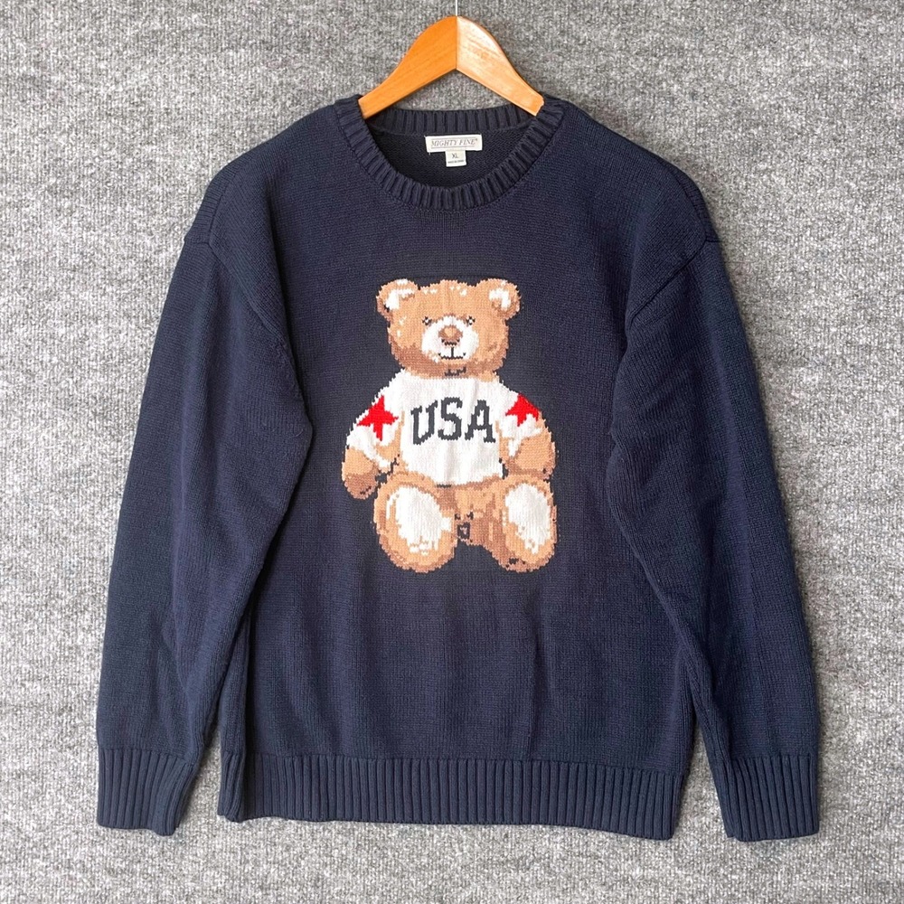 USA Teddy Bear Sweater Women's XL Knit Pullover Mighty Fine Navy Blue